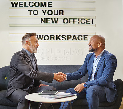 Buy stock photo Businessman, handshake and interview with executive at office for partnership, agreement or deal. Man or employee shaking hands with CEO in meeting for hiring, recruiting or b2b on sofa at workplace