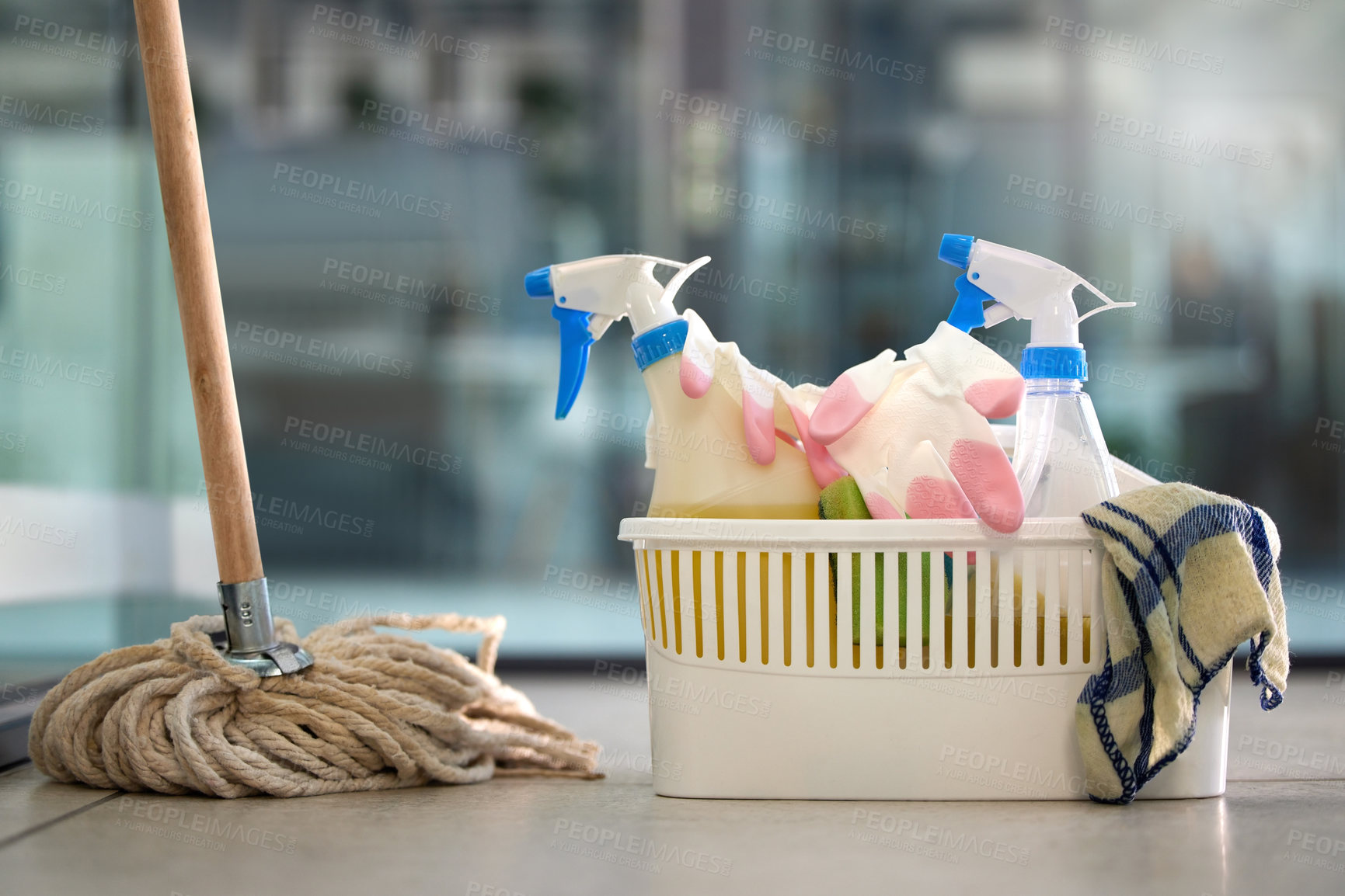 Buy stock photo Shot of cleaning products on the floor at home