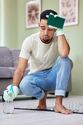 Buy stock photo Cleaning, floor and exhausted man in home with spray for chores, housework or responsibility. Bacteria, disinfectant and germs with tired person breathing in apartment for control or hygiene