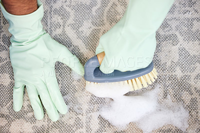 Buy stock photo Hands, gloves and cleaning with brush, floor and foam of soap, safe and healthy for environment in house. Chemical, product and washing of bacteria in apartment, tools and hygiene for person in home