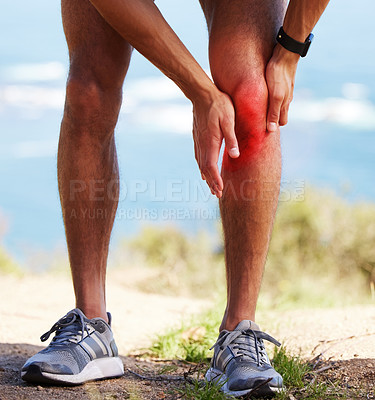 Buy stock photo Injury, knee and pain of runner outdoor with hands after exercise, workout or fitness in summer. Legs, arthritis and person in nature with health problem, muscle fibromyalgia or emergency accident