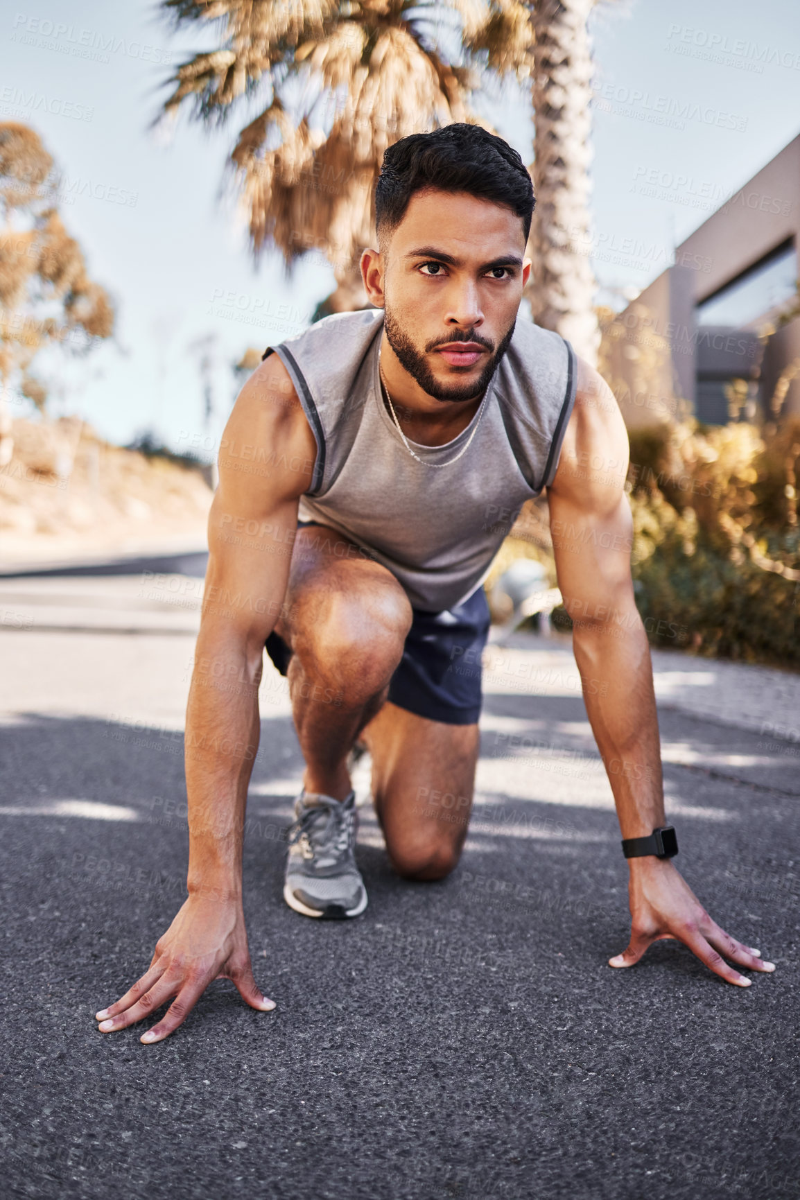 Buy stock photo Sport, runner and man for fitness in outdoors for exercise, training and workout for health. Active, male person and athlete with marathon race on track for muscles, wellness and cardio in street 