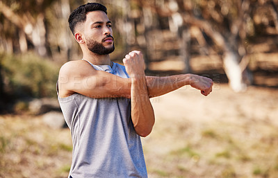 Buy stock photo Fitness, sport and wellness with man stretching for warm up, preparation and performance of strong body. Male athlete, runner and health for muscle flexibility, training or exercise in nature