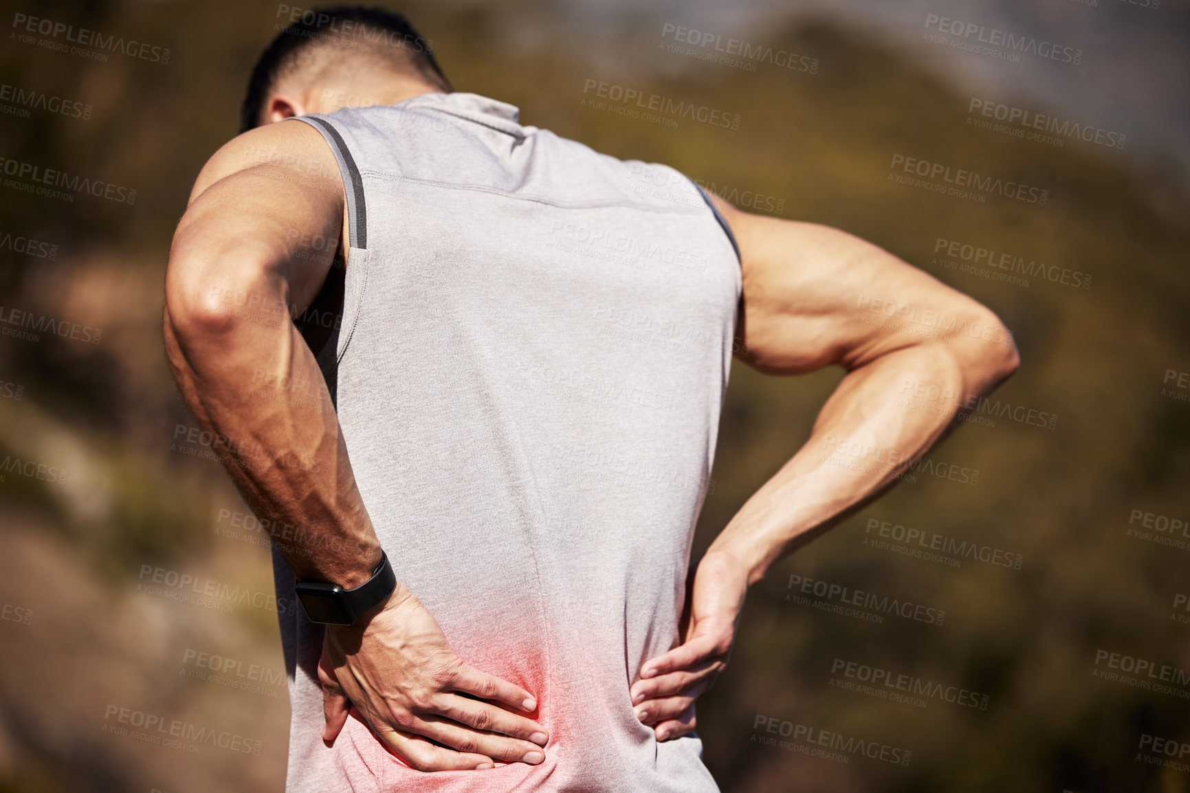 Buy stock photo Man, runner and back pain in nature, ache and hurt outdoors on exercise or workout and accident. Male person, inflammation and fibromyalgia or sciatica issue, spine and strain while hiking or walk