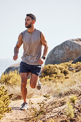Buy stock photo Man, running and fitness on outdoor mountain, cardio sports and marathon training for practice. Male person, athlete and trail for wellness challenge, nature and exercise for health and sportswear