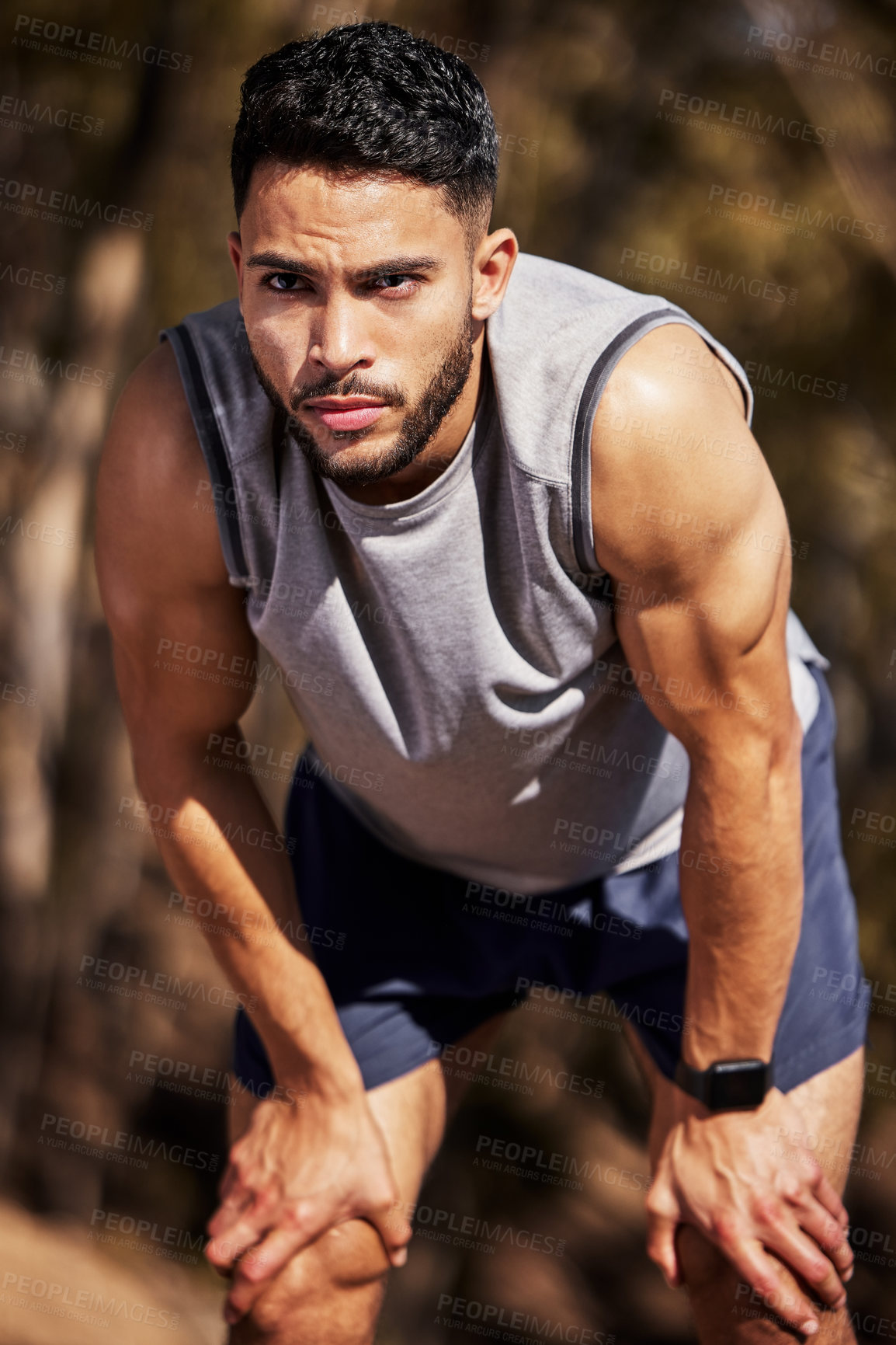 Buy stock photo Outdoor, fitness and man breathing, tired and sunshine with cardio, challenge and exercise in morning. Person in forest, athlete or runner with fatigue, relax or exhausted with endurance or progress