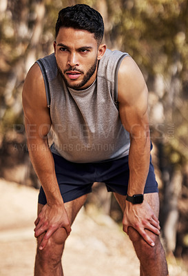 Buy stock photo Male, runner and tired with serious for fitness with breathe for break from exhaust with fatigue in summer. Cardio, athlete and gear for cross country with workout in physical activity for health.
