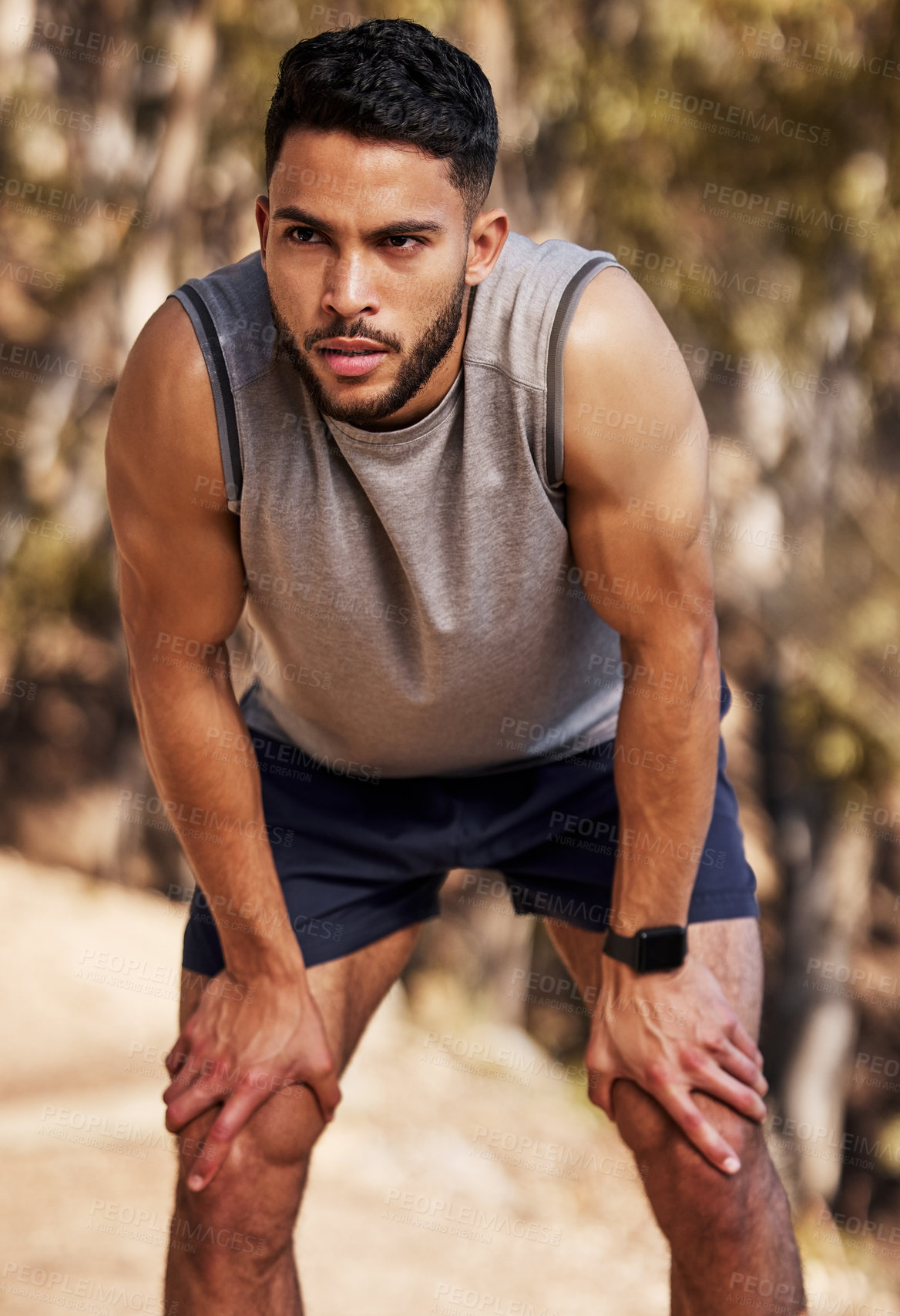 Buy stock photo Male, runner and break with serious for fitness in outdoors for wellness with training for exercise in summer. Cardio, athlete and gear for cross country with workout in physical activity for health.