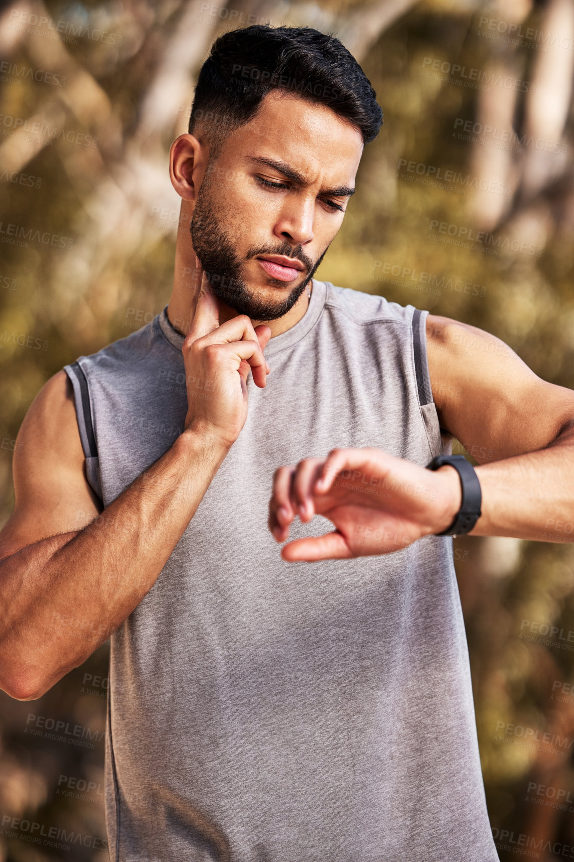 Buy stock photo Heart rate, neck and man or runner outdoor for morning cardio, exercise and training for marathon or race. Male athlete, smart watch or stopwatch to track pulse for endurance, wellness and check time