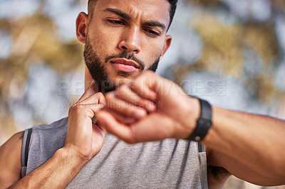 Buy stock photo Check, heart rate and man with smart watch outdoor to track pulse for cardio, exercise and training for race. Male athlete, wristwatch or stopwatch to monitor performance or endurance and wellness.