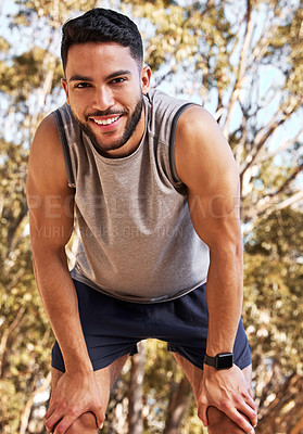 Buy stock photo Male, runner and smile for break in portrait with outdoors for fitness with wellness for exercise with health. Athletic training, cardio and routine in sportswear for cross country with endurance