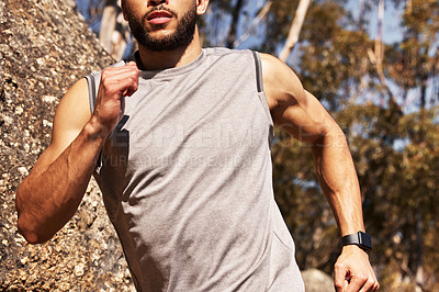 Buy stock photo Athlete, running and action and arms for man, endurance and trail workout in nature. Fitness, cardio or marathon training in mountain terrain for health or wellness, sport or exercise for male runner