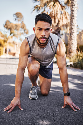Buy stock photo Sport, runner and man for fitness in outdoors for exercise, training and workout for health. Active, male person and athlete with marathon race on track for muscles, balance and cardio in street 
