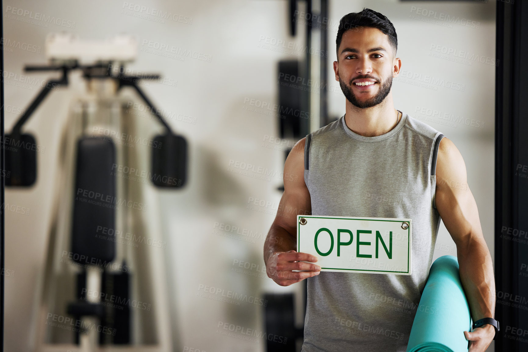Buy stock photo Man, portrait and open sign in gym for exercise with yoga mat, health workout and startup advertising. Entrepreneur, signage and welcome in wellness club for marketing, sports training and employee
