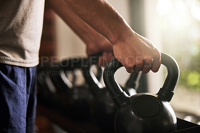Buy stock photo Kettlebell, hands and training in gym, fitness and hard work for body builder, strong and muscle of forearm. Workout, exercise and athlete in club, wellness and balance in sports, person with goal