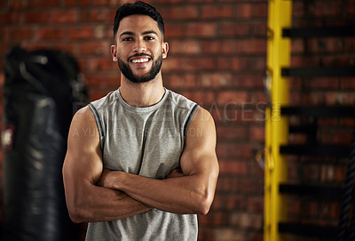 Buy stock photo Gym, smile and portrait of man with arms crossed, fitness and happiness in mockup space. Exercise, workout and happy face of bodybuilder, personal trainer or sports club owner for health, training.