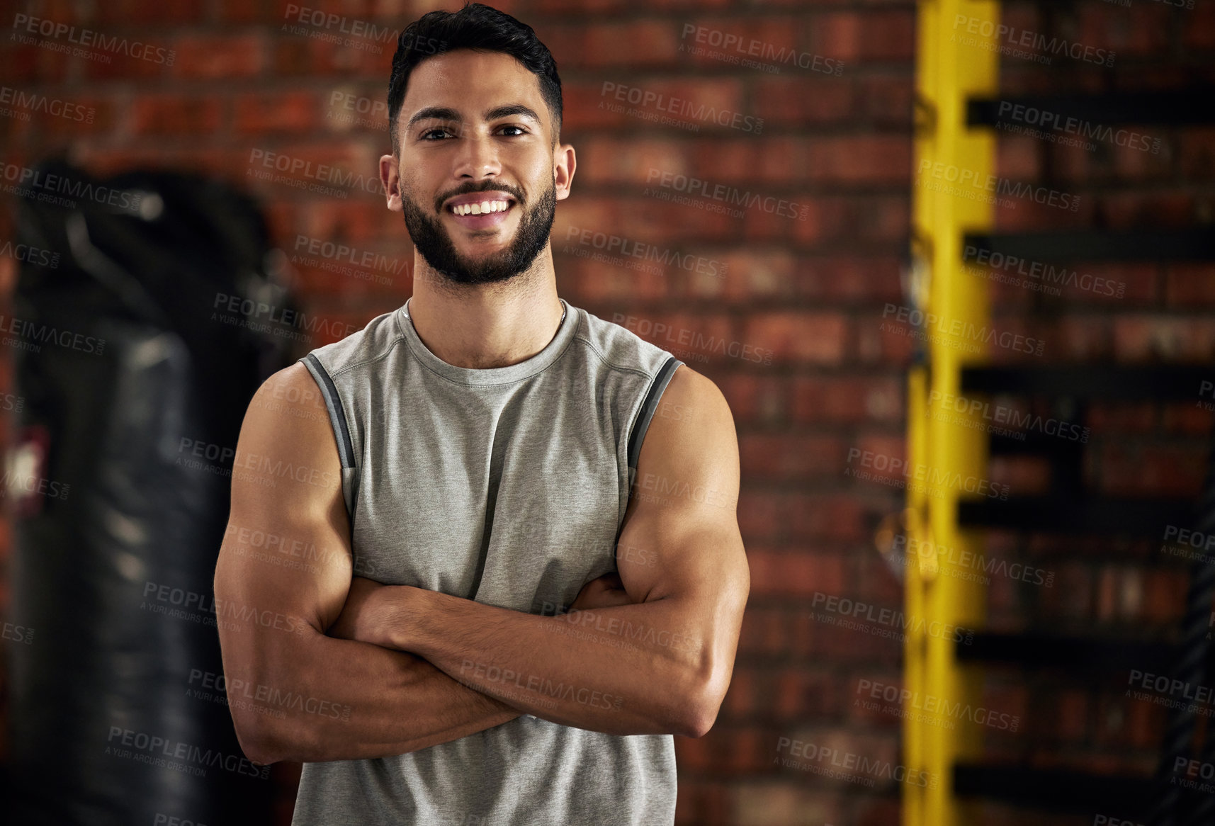 Buy stock photo Gym, smile and portrait of man with arms crossed, fitness and happiness in mockup space. Exercise, workout and happy face of bodybuilder, personal trainer or sports club owner for health, training.