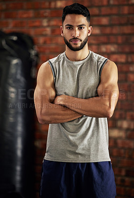 Buy stock photo Fitness, muscle and portrait of man in gym with arms crossed for confidence, motivation and pride. Exercise, workout and serious face of confident bodybuilder, personal trainer or sports club owner.