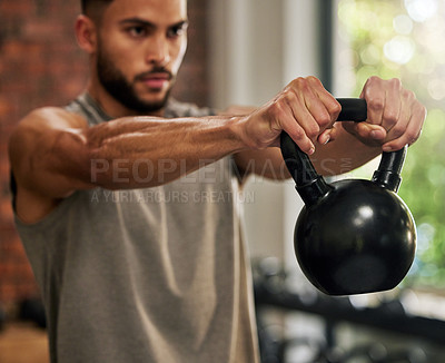 Buy stock photo Fitness, training and man with kettle bell in gym for exercise, bodybuilder workout and muscle strength. Sports, motivation and serious male person lift weights for wellness, healthy body and cardio
