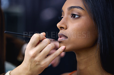 Buy stock photo Makeup artist, brush and beauty for client with lipstick application, professional salon and backstage. Model, tool and hand of beautician for customer, cosmetics and photoshoot with transformation