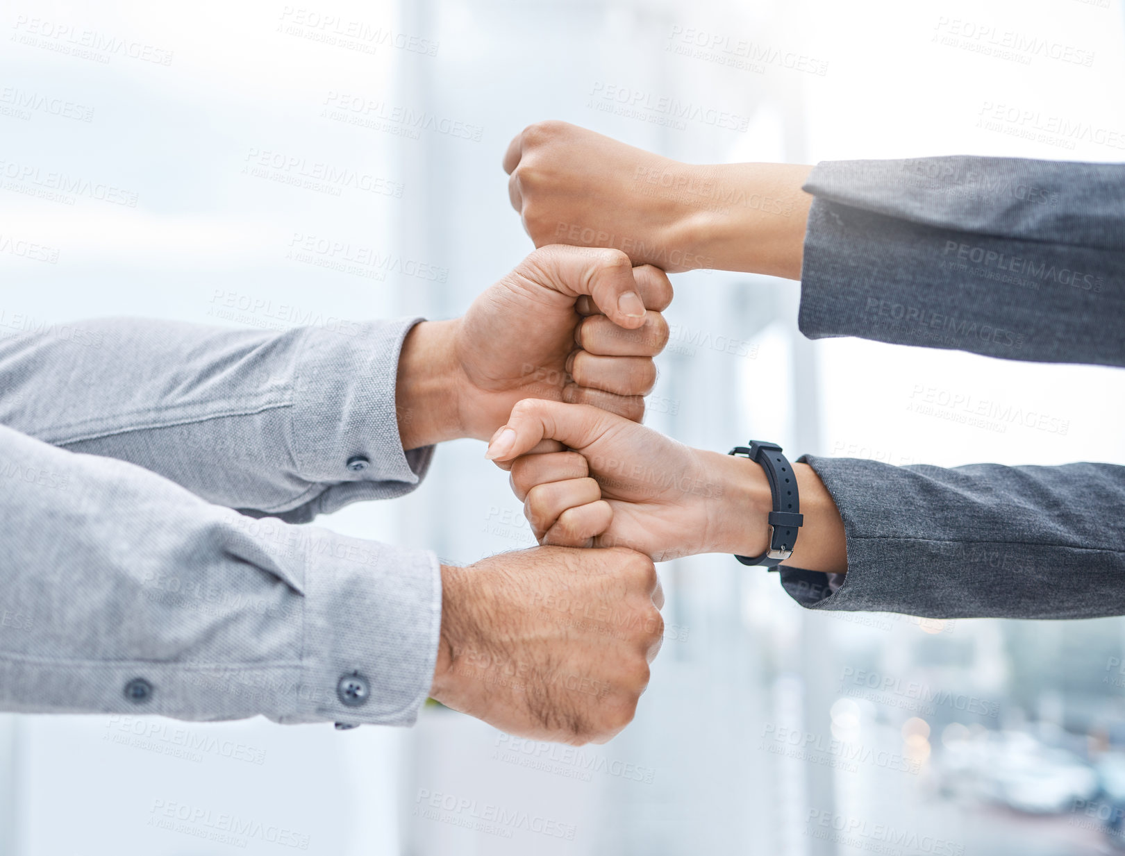 Buy stock photo Business people, hands and fist for teamwork, collaboration and partnership for solidarity and support in career. colleagues or employees and gesture for success, motivation and unity for project  