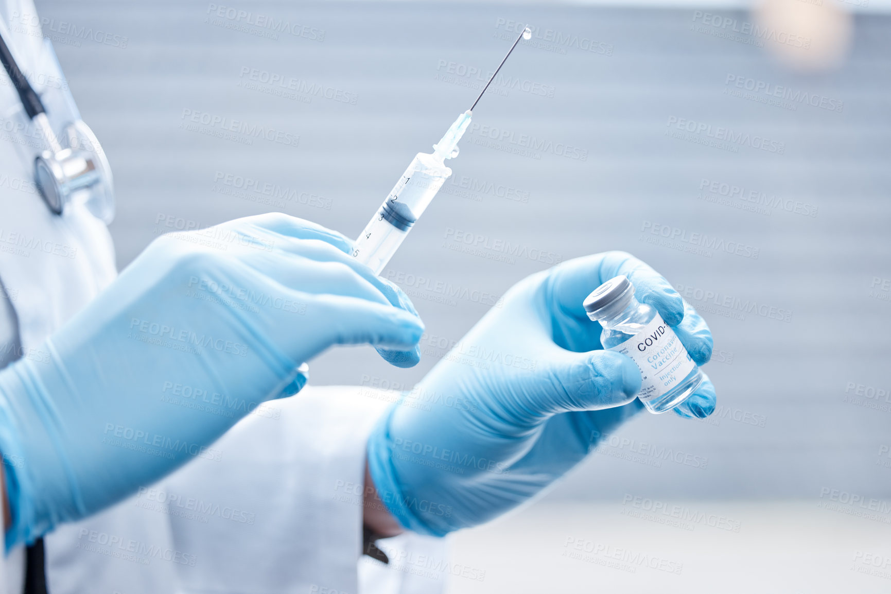 Buy stock photo Doctor, covid 19 and vaccine for injection or dose at clinic for protection of spread from pandemic virus or disease. Nurse, needle and booster shot in hospital from medic expert with cure for health