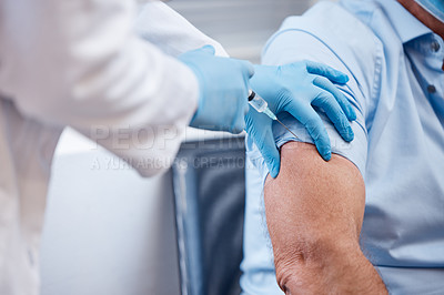 Buy stock photo Man, covid 19 and injection for vaccine by clinic with doctor for safety or protection from pandemic virus. Patient, nurse and hospital for medical healthcare or wellness to control spread of disease