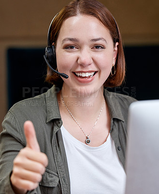 Buy stock photo Call centre, woman and agent with thumbs up, portrait and computer for customer service, support and help. Office, corporate and employee with smile, working with headset, sales and consult or call