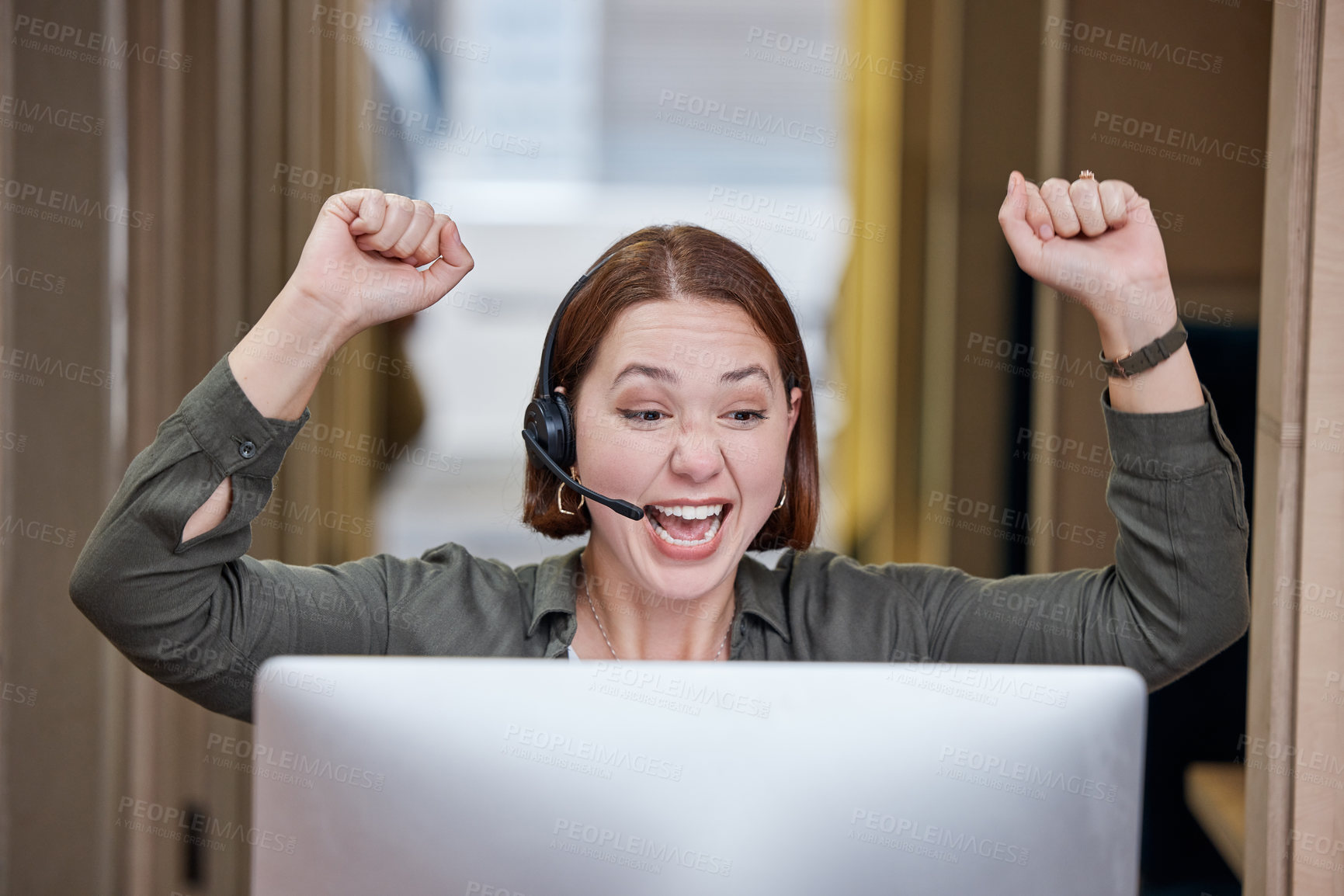 Buy stock photo Celebration, success and woman with headset in call centre for communication, telemarketing and online consultant. Excited female person, tech and in office for customer service and virtual assistant