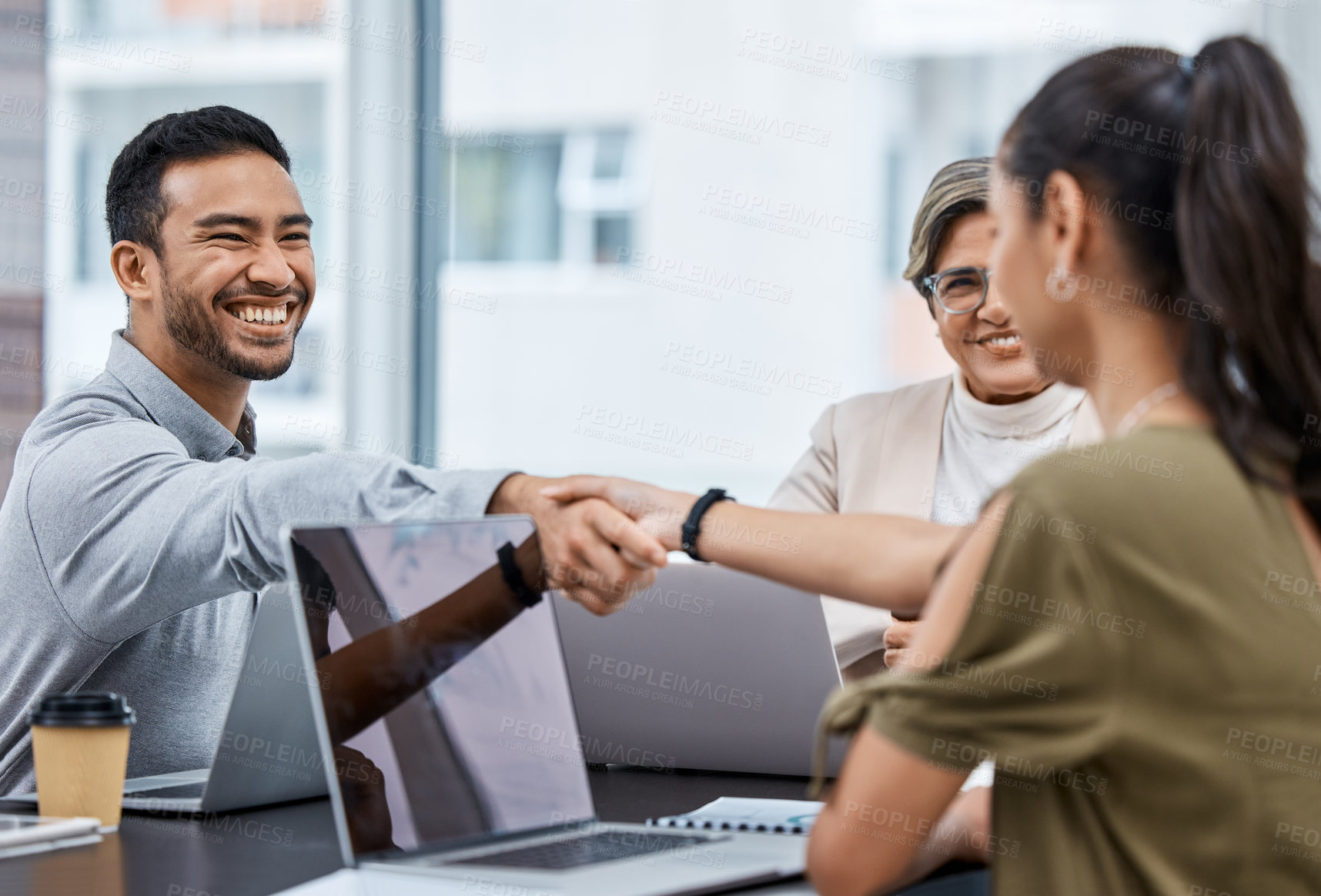 Buy stock photo Business people, handshake and deal in meeting for unity, teamwork and partners for merger. Colleagues, welcome and agree on contract or plan in boardroom, hiring and onboarding or recruit client