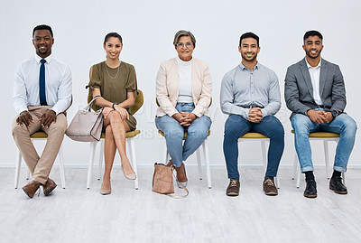 Buy stock photo Happy, hiring and portrait of business people in studio for job interview, diversity and human resources. Meeting, smile and opportunity with group of employees on wall background for recruitment