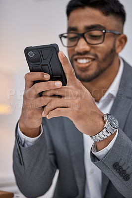 Buy stock photo Mexican man, phone and networking in office, employee and email business contact or typing. Male person, glasses and online for research in workplace, lawyer planning and internet for legal website