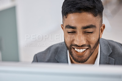 Buy stock photo Business man, computer and check email in office, planning and online for software development. Male person, networking and coding or programmer in workplace, employee and reading report for research