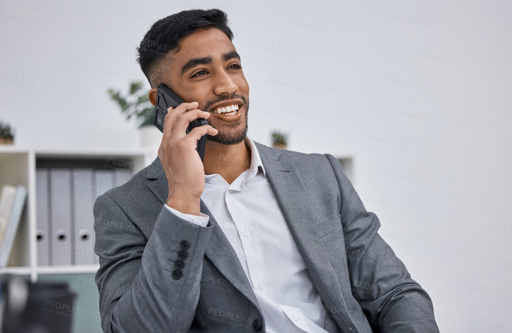 Buy stock photo Mexican man, phone call and business in office, talking and networking on deal for company. Male person, happy and feedback on planning or proposal, consultant and communication on app for sales