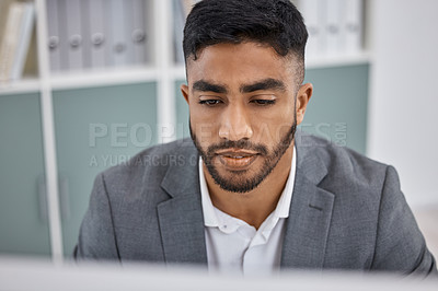 Buy stock photo Business man, computer and website in office, planning and online for software development. Male person, networking and coding or programmer in workplace, employee and reading report for research