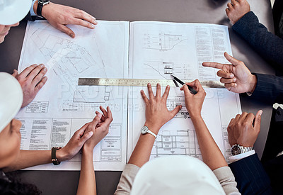 Buy stock photo Teamwork, architecture and blueprint with people in meeting for graphic, engineering and planning from above. Floor plans, documents and construction with designers for illustration and development