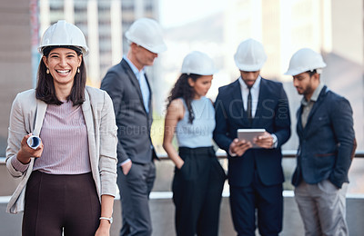 Buy stock photo Team, industry and construction workers on rooftop in city for building maintenance or repairs. Smile, architecture and group of industrial people working in collaboration on balcony in town.