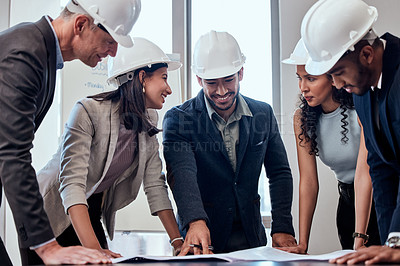 Buy stock photo Teamwork, architecture and planning with people in meeting for graphic, engineering and blueprint. Brainstorming, documents and construction with team of designers for illustration and development