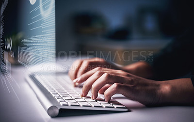Buy stock photo Cropped shot of an unrecognizable businesswoman sitting alone in her office at night and typing on a keyboard