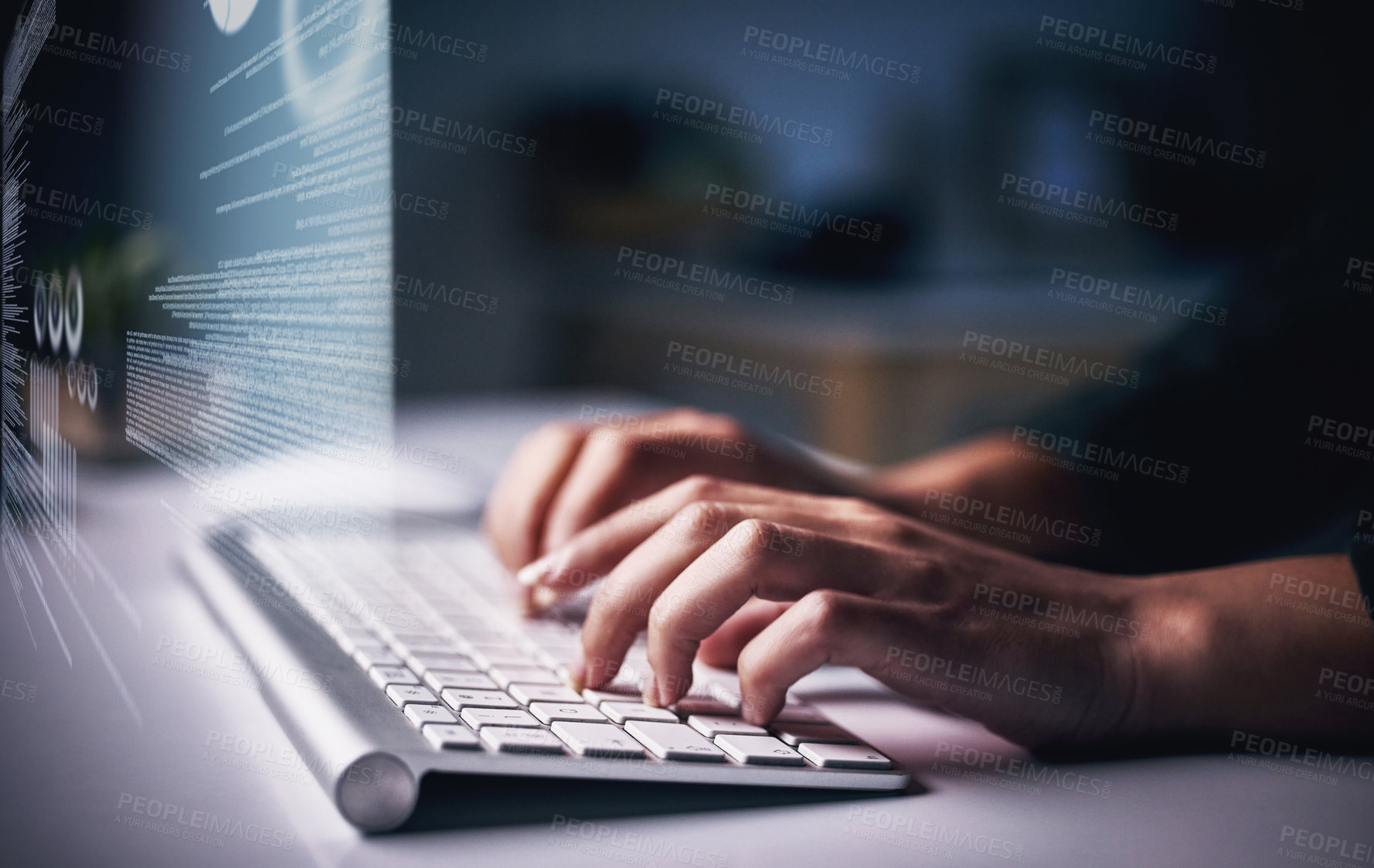 Buy stock photo Hands, person and typing on keyboard for research, information and data with system technology. Woman, screen and overlay with coding or software update and programming or upgrade on cybersecurity