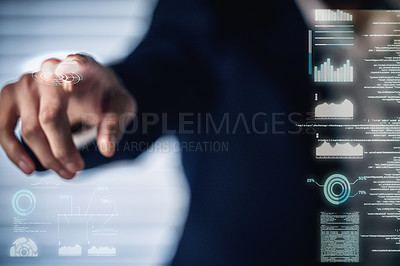 Buy stock photo Cropped shot of an unrecognizable businessman standing alone in the office at night and using an interactive screen