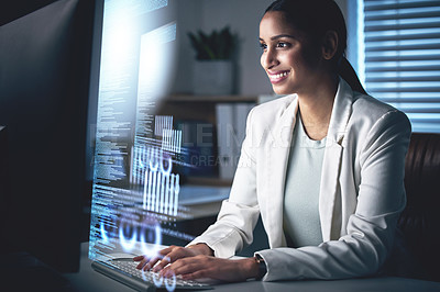 Buy stock photo Overlay, night and computer with business woman in office for research, software and programmer. Digital, analytics and future with hologram and employee for network, coding or information technology