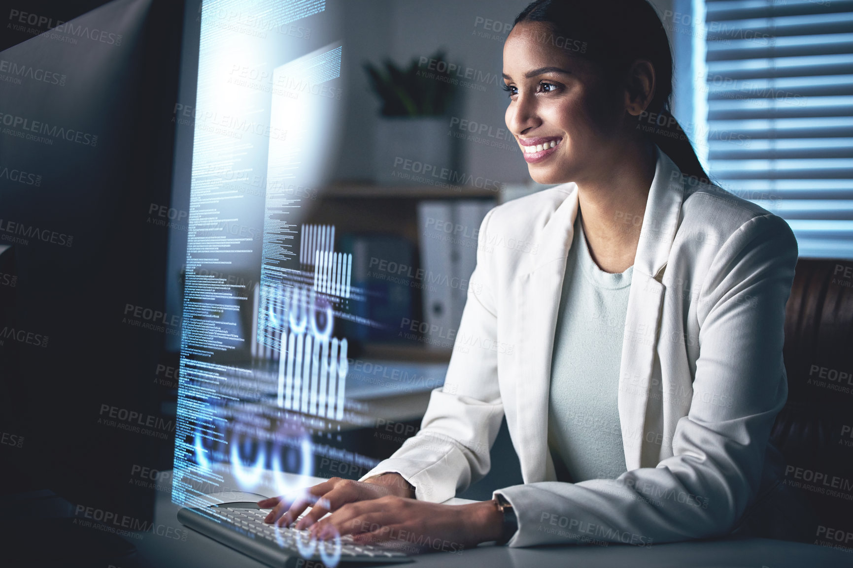 Buy stock photo Overlay, night and computer with business woman in office for research, software and programmer. Digital, analytics and future with hologram and employee for network, coding or information technology