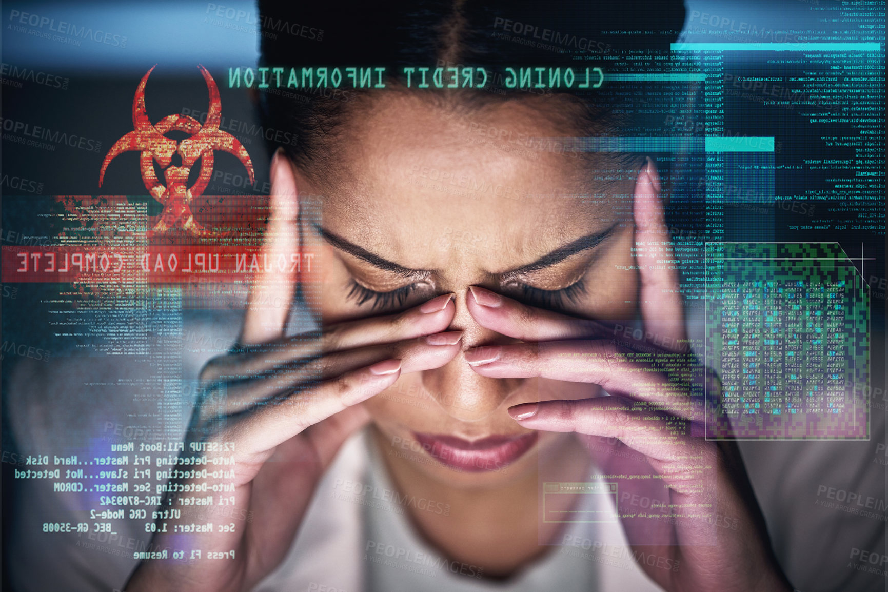 Buy stock photo Woman, overlay and stress with hacking on fraud or cloning for credit card, information or data. Computer, hacker and cyber crime on online or internet banking with headache, burnout on cybersecurity