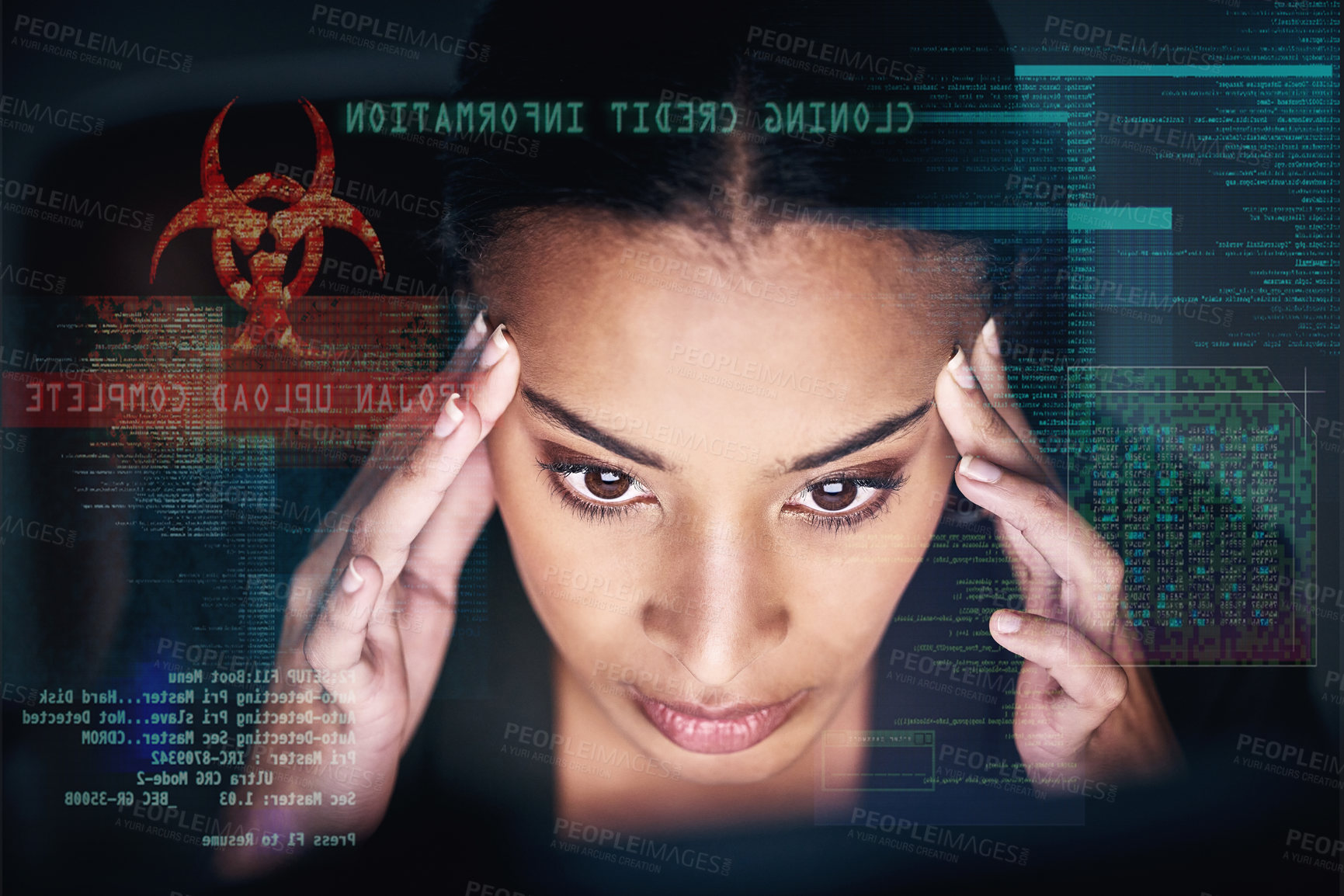 Buy stock photo Woman, overlay and stress with cybersecurity on fraud or cloning for credit card, information and data. Computer, hacker and cyber crime on online or internet banking with headache or burnout
