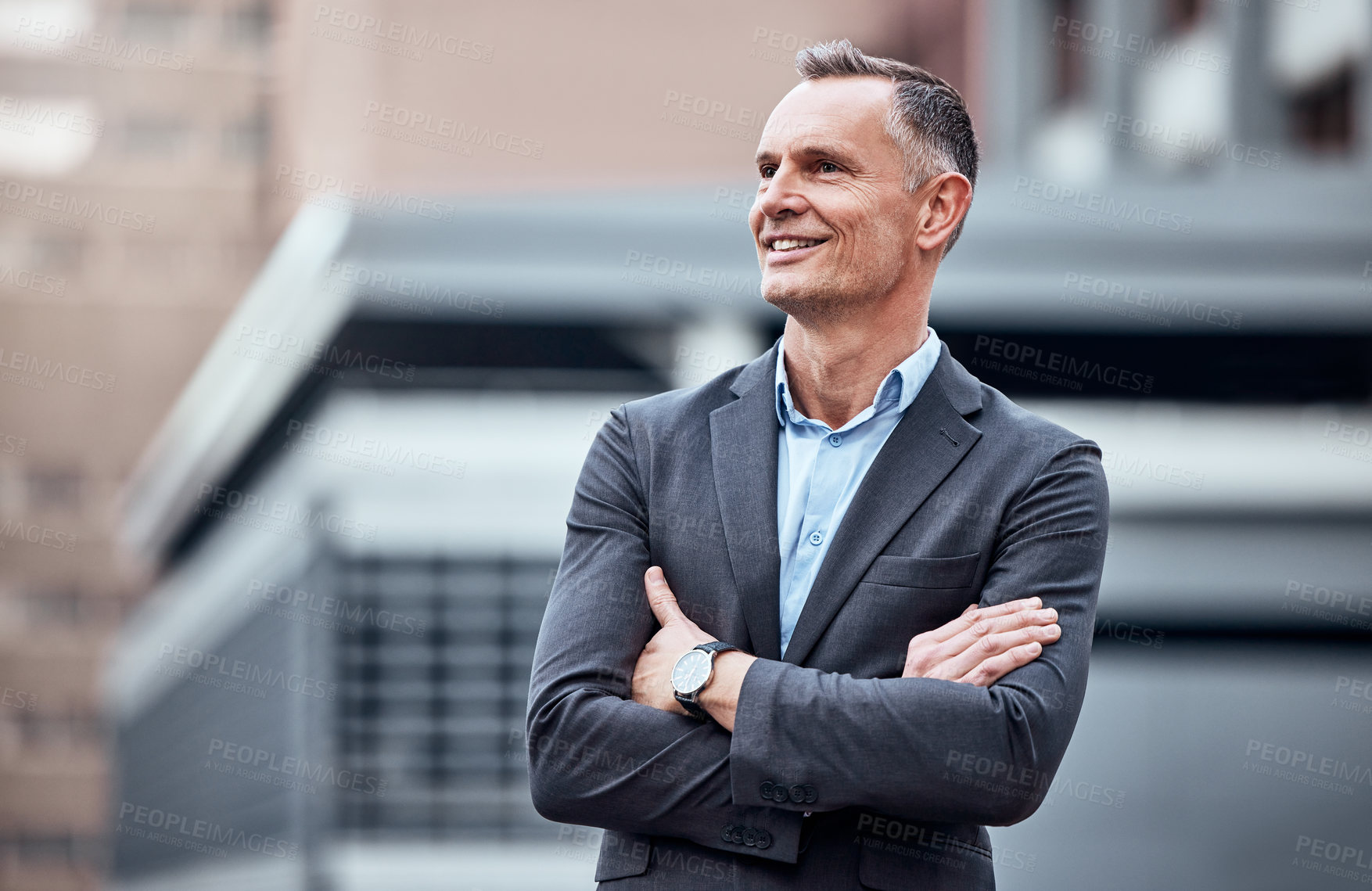 Buy stock photo Crossed arms, thinking and businessman on rooftop of building in city with reflection or memory. Smile, ideas and professional male lawyer planning for legal case on balcony of office in urban town.