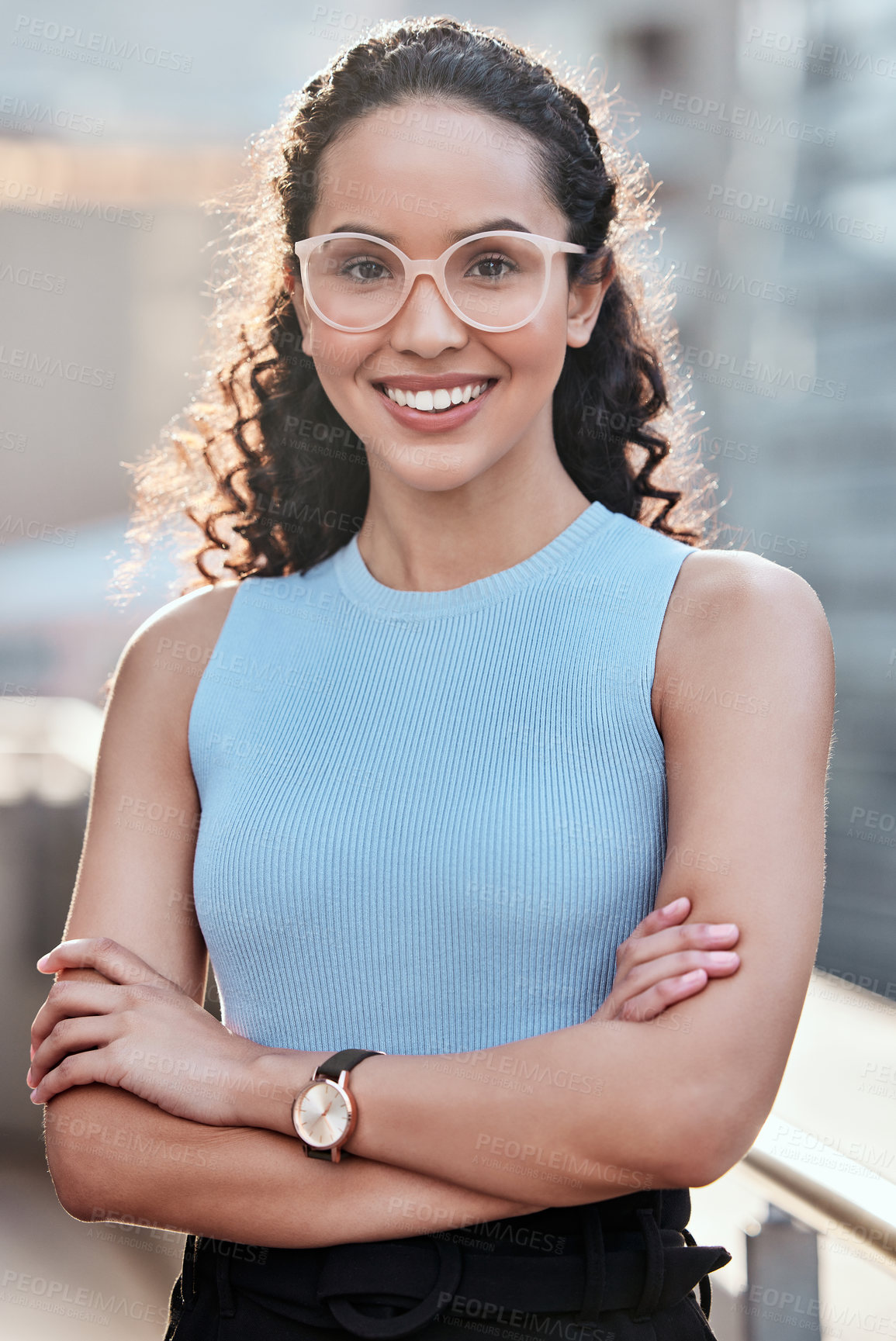 Buy stock photo Corporate woman, portrait and pride in city with sunshine for glasses, agency success and commercial law career. Female employee, confidence and attorney on balcony for startup, sunlight and business