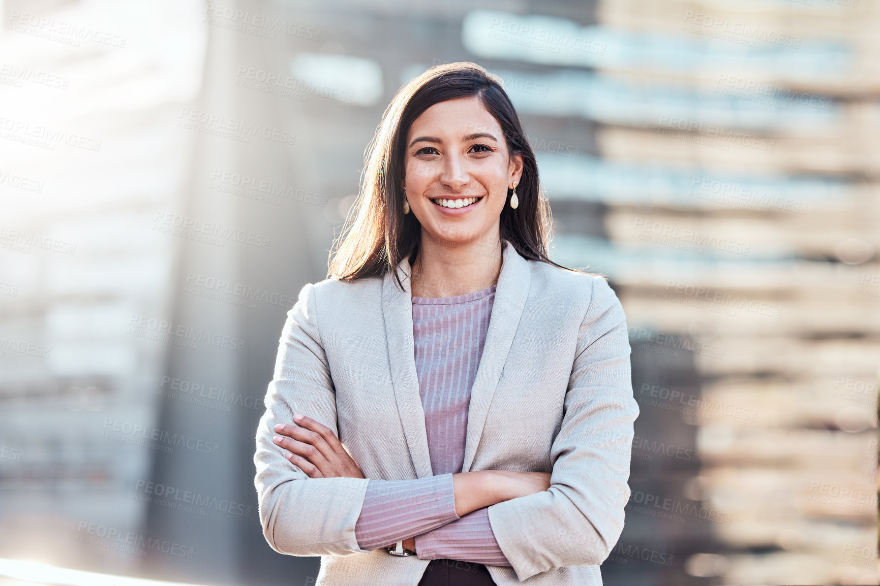 Buy stock photo Business woman, portrait and pride in city with sunshine for positive attitude, legal expert and corporate law career. Female attorney, confidence and sunlight on rooftop for job success and smile