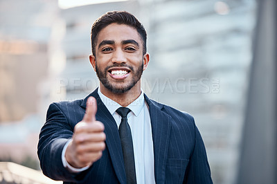 Buy stock photo Businessman, portrait and thumbs up in city for agreement, commercial law career and vote of trust. Male employee, attorney and hand with yes emoji for thanks, positive feedback and support outdoor