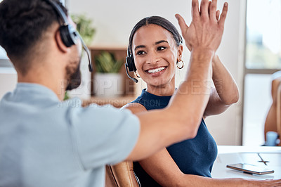 Buy stock photo High five, happy and woman with headset in workplace for good job, success and pride for telemarketing. Colleagues, man and female business person with smile in office for teamwork and partnership